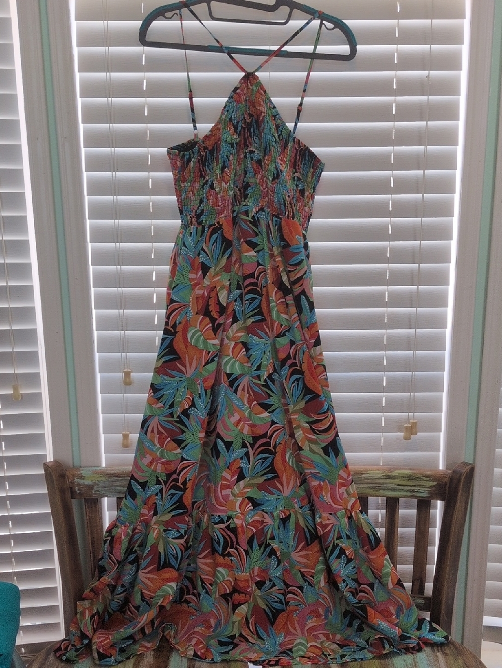 Pink Lily Tropical Halter Maxi Dress - Teal, Coral, Black